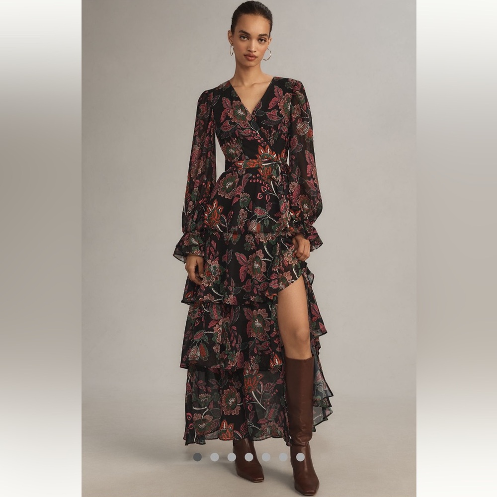 Anthropologie Black and Pink Floral Maxi Dress